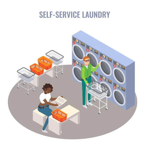 人们用洗衣店的垫子洗衣服和烘干衣服,平面矢量等距插图.自助洗衣店. — 图库矢量图片