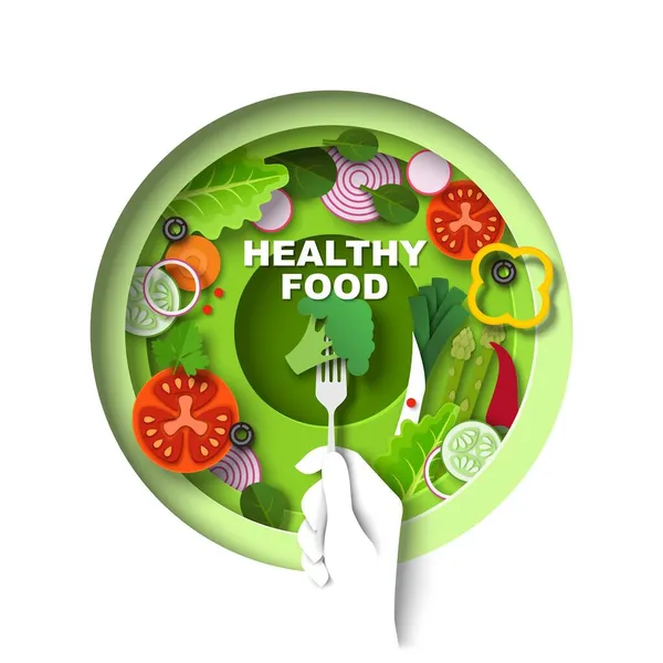Tál finom vegán salátával, vektor papír vágott illusztráció. Egészséges táplálkozás, vegetáriánus ételek. — Stock Vector