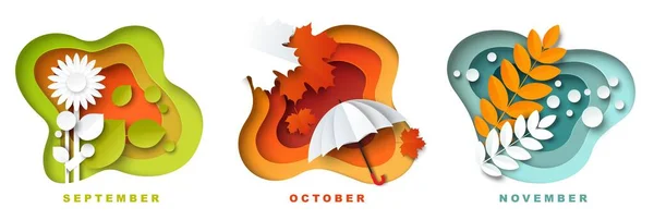 Září, říjen a listopad podzimní období měsíce pro kalendář, karty, vektorové ilustrace v papírovém stylu. — Stockový vektor