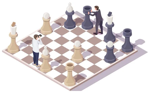 Podnikatelské postavy hrající šachovnici, vektorová izometrická ilustrace. Hospodářská soutěž, koncepce strategie — Stockový vektor