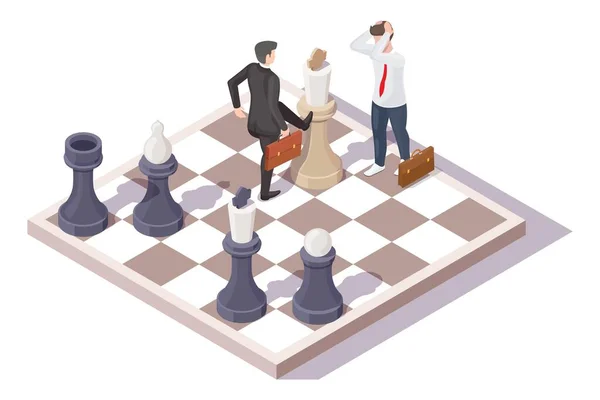 Vesztes és győztes, üzletember karakterek a sakktáblán, vektor izometrikus illusztráció. Üzleti verseny, küzdelem. — Stock Vector