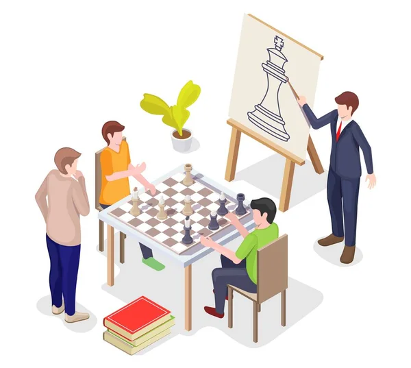 Učitel, trenér učí lidi hrát strategickou deskovou hru, vektorová izometrická ilustrace. Šachová akademie, trénink. — Stockový vektor