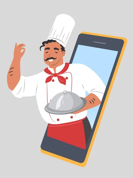 Restaurante chef con plato de teléfono inteligente, ilustración vectorial plana. Pedido de comida en línea y servicio de entrega rápida a domicilio. — Vector de stock