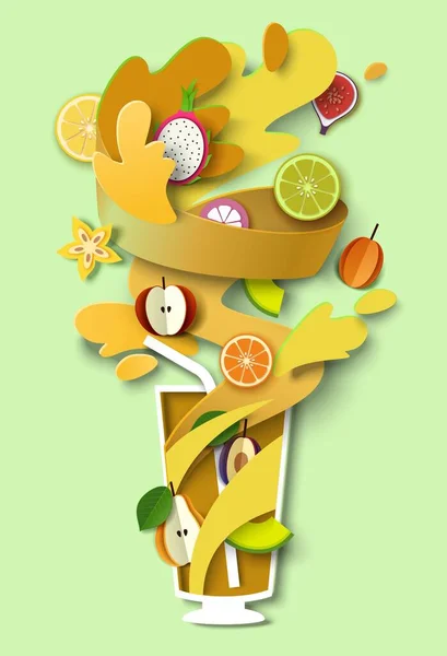 Verre de smoothie aux fruits mélangés savoureux, illustration de coupe de papier vectoriel. Boisson santé aux fruits d'été. Alimentation riche en vitamines. — Image vectorielle