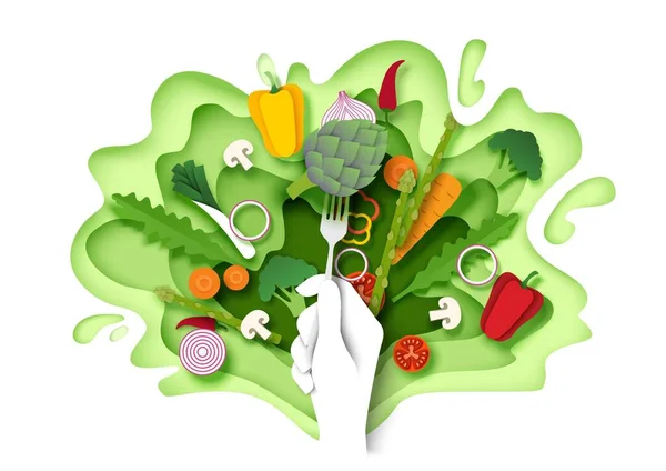 Färska grönsaker och hand håller gaffel med kronärtskocka, vektor papper skuren illustration. Hälsosam mat, vegansk kost. — Stock vektor