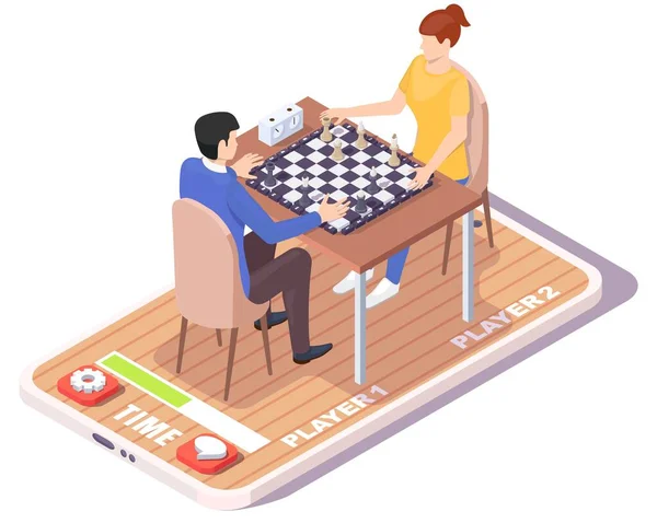 Άντρας και γυναίκα παίζουν σκάκι επιτραπέζιο παιχνίδι σε οθόνη smartphone, διανυσματική ισομετρική απεικόνιση. Διαδικτυακό σκάκι. Κινητό παιχνίδι. — Διανυσματικό Αρχείο