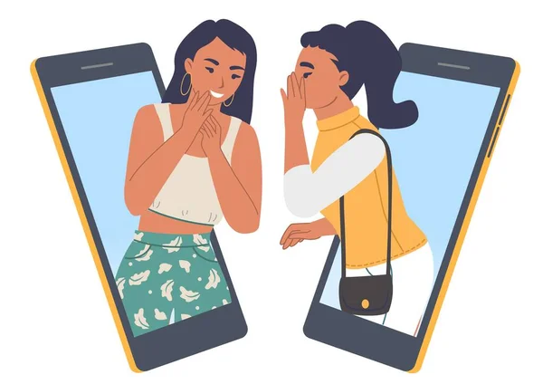 Duas garotas sussurrando conversando uma com a outra no celular, fofocando, espalhando rumores, contando segredos on-line, vetor. — Vetor de Stock