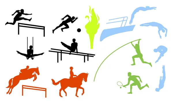 Los deportistas listos. Gimnasia, fútbol, trampolín plataforma de buceo, deporte ecuestre, tenis siluetas vector atleta — Archivo Imágenes Vectoriales