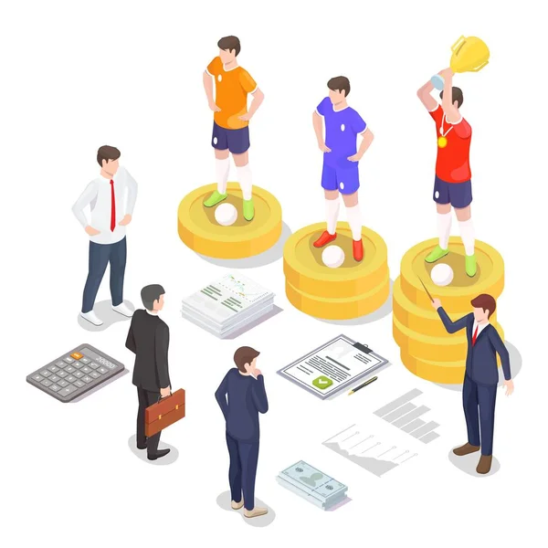Professional football transfer. Soccer player moving from one football club to another, vector isometric illustration. — Stock Vector