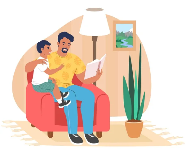 Szczęśliwy ojciec czyta książkę synowi siedzącemu w fotelu, płaski wektor ilustracji. Związek rodziców z dziećmi. Rodzicielstwo. — Wektor stockowy