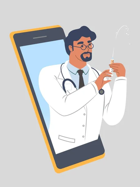 Okostelefon orvossal a kezében fecskendővel. Online gyógyászat, virtuális konzultáció, kezelés, videohívás, vektor. — Stock Vector