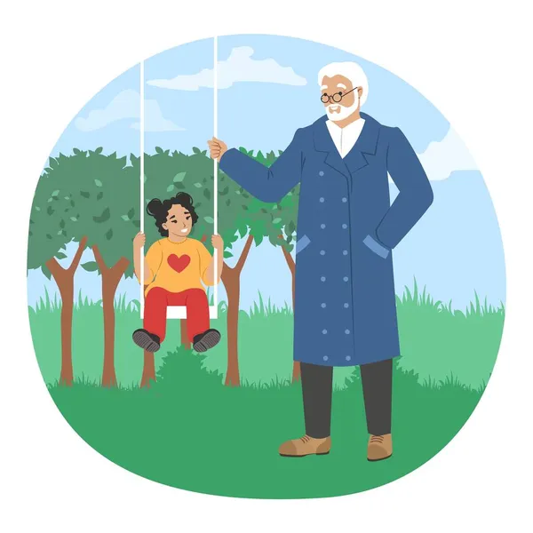 Abuelo balanceo nieta en columpio en el parque, ilustración vectorial. Abuelo nieto relaciones. — Vector de stock