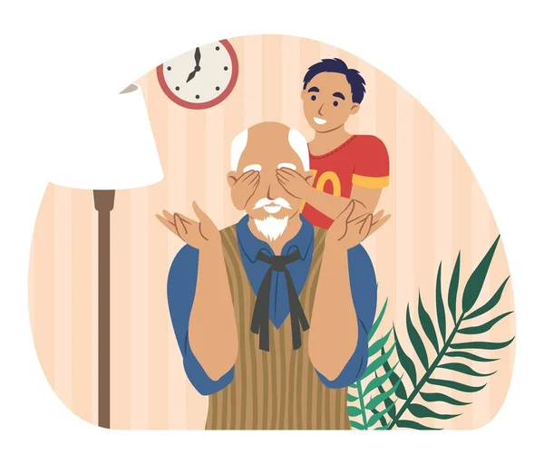 Heureux grand-père jouant avec son petit-fils à la maison, illustration vectorielle plate. Relations grand-parents-petits-enfants. — Image vectorielle