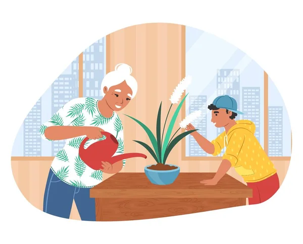 Petit-fils aidant sa grand-mère avec des travaux ménagers, illustration vectorielle plate. Relations grand-parents-petits-enfants — Image vectorielle