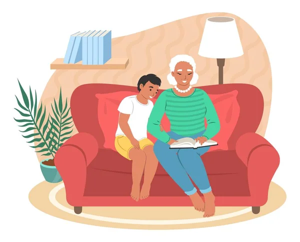 Ευτυχισμένη γιαγιά ανάγνωση βιβλίο με τον εγγονό, επίπεδη διανυσματική απεικόνιση. Σχέσεις παππούδων εγγονού. — Διανυσματικό Αρχείο