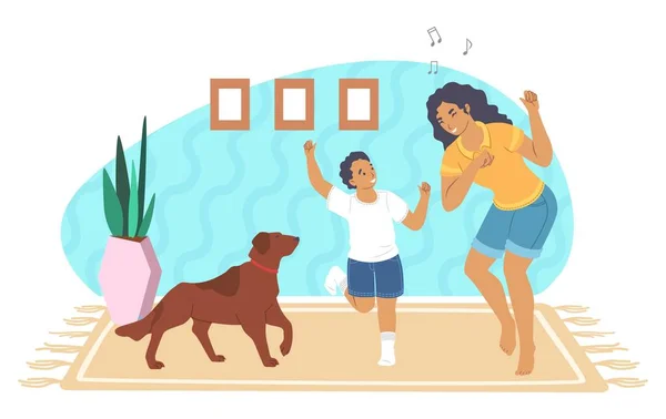 Bonne mère jouant avec son fils et son chien de compagnie à la maison, illustration vectorielle. Relation parent-enfant. Parentalité. — Image vectorielle