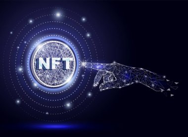 NFT el dokunuşu, vektör çokgen sanat stili çizimi. Finansal olmayan jetonlar, kripto sanatı, gelecekteki teknolojiler..