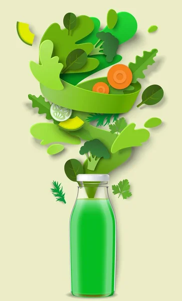 Зеленый сок стеклянная бутылка, бумага режет свежие овощи, жидкий всплеск, капли. Здоровый органический напиток. Детоксикационная диета, вектор. — стоковый вектор