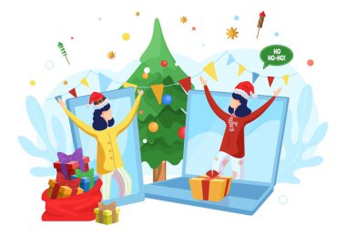 Mutlu kızlar Noel 'i online kutluyor, vektör illüstrasyonu. Sanal parti, video arama teknolojileri, mesafe toplantısı.