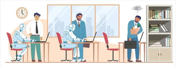 Licenziato dipendente lasciare l'ufficio, robot che lavorano su computer, illustrazione vettoriale. superiorità AI. Riduzione del personale umano. — Vettoriale Stock