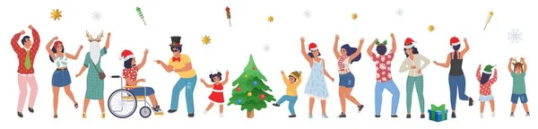 Orang bahagia merayakan pesta Natal, menari dan bersenang-senang, vektor datar terisolasi ilustrasi. - Stok Vektor