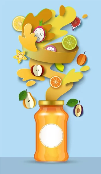 フルーツジャムパッケージガラス瓶、紙カット新鮮な果物、液体スプラッシュ、ドロップします。健康的な果物の保存、ベクターイラスト. — ストックベクタ