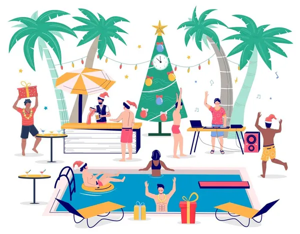 Fiesta de Navidad tropical en la piscina. Los de Santa Claus nadan, beben cerveza, bailan. Vacaciones tropicales de invierno, vector. — Vector de stock
