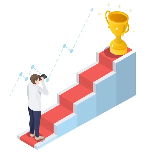 Businessman with telescope in front of staircase, vector isometric illustration. Path to success, goal, business vision. — Stock Vector