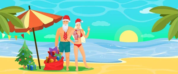 Gelukkige paar in badmode en Santa hoeden op het strand, vector illustratie. Tropische Kerst tour, tropische winter vakantie. — Stockvector