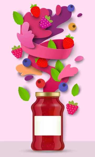Berry jam package glass jar, paper cut forest fruits, liquid splash, drops. Healthy fruit preserves, vector illustration — Stock Vector