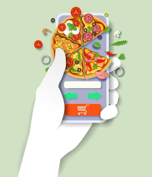 Smartphone de mano con pizza en pantalla, ilustración de corte de papel vectorial. Pedido de pizza en línea y entrega. — Archivo Imágenes Vectoriales