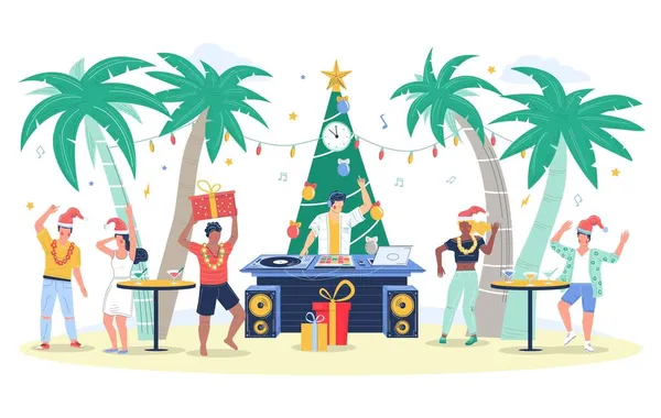 Тропічне Різдво, новорічна вечірка. Люди в Санта-Капелюхах п'ють коктейль і танцюють. Тропічні зимові канікули.. — стоковий вектор