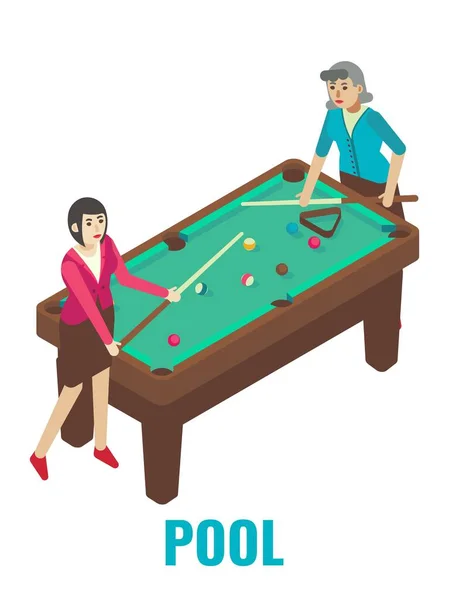 Zwei Frauen spielen Billard, Arcade-Pool-Spiel, vektorisometrische Illustration. Spielclub-Attraktionen, Unterhaltung. — Stockvektor