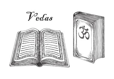 Veda, Yahudilik dini, kutsal kitap. Eski Hindu kutsal metinleri, kutsal yazıtlar, taslak vektör çizimi.