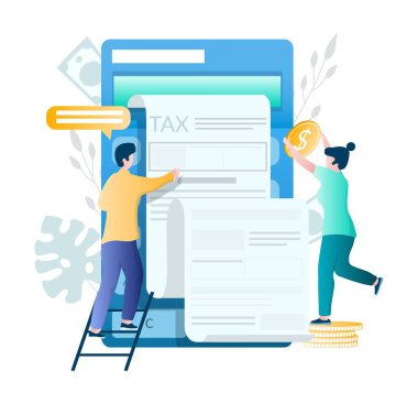 Akıllı telefon, vergi ödeyen karakterler online vergi ödemeleri, vektör illüstrasyonu. Mobil vergi formu doldurma uygulaması.