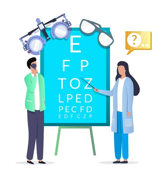 Dokter oogarts, oogzichtcontrole, vectorillustratie. oogheelkunde, optometrie, oogtest en correctie van het gezichtsvermogen — Stockvector
