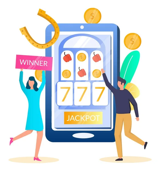 Pessoas jogando jogos de slot no telefone celular e ganhando jackpot, ilustração vetorial. Aplicativo de slot móvel, cassino online. — Vetor de Stock