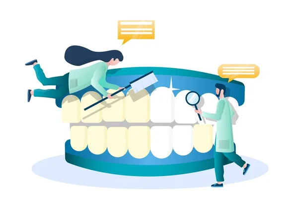 Médico dentista clareamento dentes humanos, ilustração vetorial. Odontologia, saúde bucal, higiene, clareamento dental profissional — Vetor de Stock