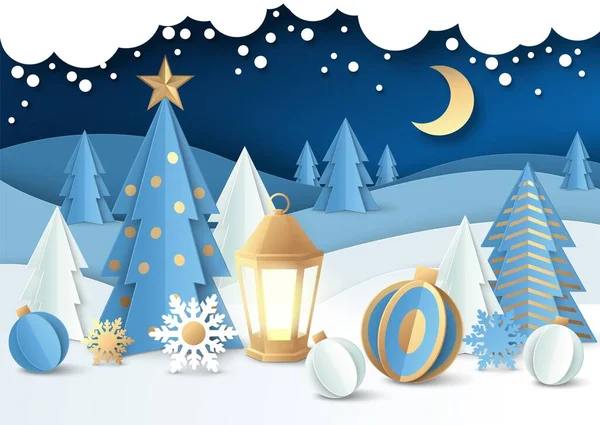 Wesołych Świąt, ilustracja wektorowego cięcia papieru. Choinka z kulkami, latarnia, zimowa noc leśny krajobraz. — Wektor stockowy