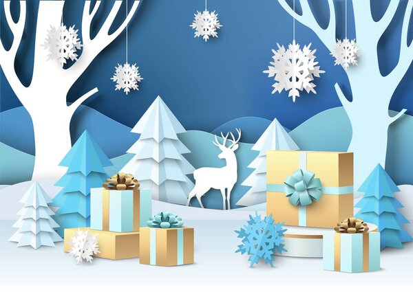 Счастливой рождественской сцены, векторная иллюстрация. Подарочная коробка с лентой и луком на дисплее подиума, бумаги сократить зимний фон.