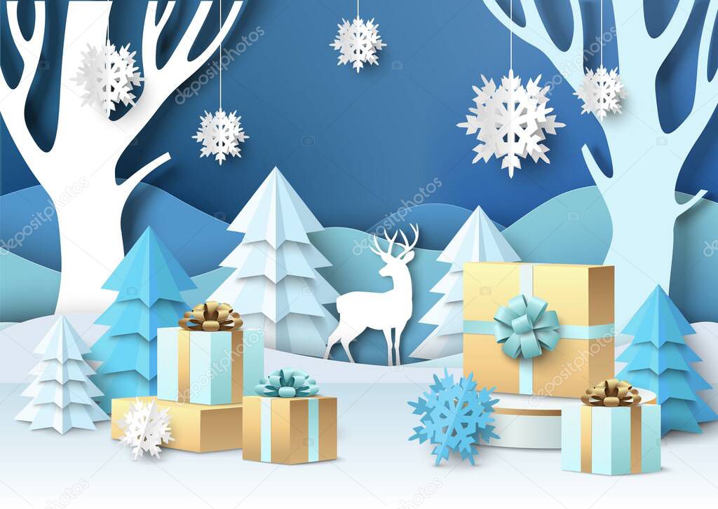 Merry Christmas scene, vector illustration. Gift box with ribbon and bow on display podium, paper cut winter background.