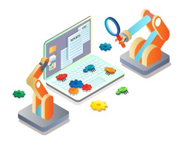 Otomatik test yazılımı, vektör izometrik çizim. Yazılım testi, hata ayıklama, kalite güvencesi, otomasyon.