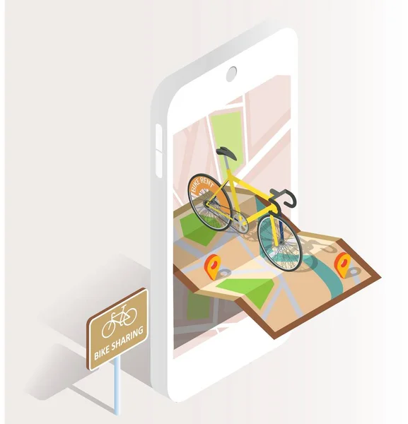 Bike sharing sign, smartphone s mapou města, poloha kolíky, kolo, vektorové izometrické ilustrace. Půjčovna kol. — Stockový vektor