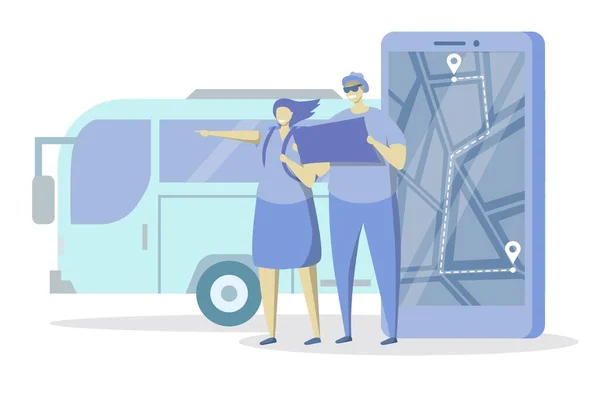 Pasangan turis, smartphone dengan aplikasi transportasi umum, ilustrasi vektor. Peta kota, rute bus. Layanan bus kota - Stok Vektor