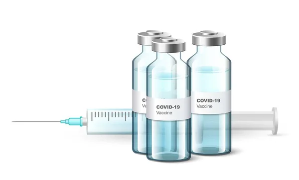 Fiolki medyczne zawierające szczepionkę Covid-19, butelki ze strzykawką do wstrzykiwań, ilustracja wektora. Szczepienie koronawirusem. — Wektor stockowy