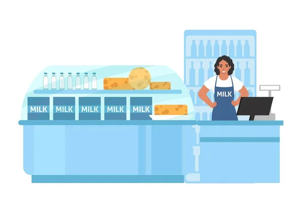 Молочный магазин, фермерский продовольственный рынок, розничный магазин. Супермаркет, отдел молочных продуктов продуктового магазина, векторная иллюстрация. — стоковый вектор