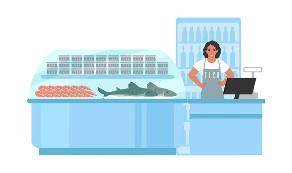 Ψαράδικο, αγορά. Σούπερ μάρκετ, κατάστημα θαλασσινών, τμήμα. Fishmonger κατάστημα, διανυσματική απεικόνιση. — Διανυσματικό Αρχείο