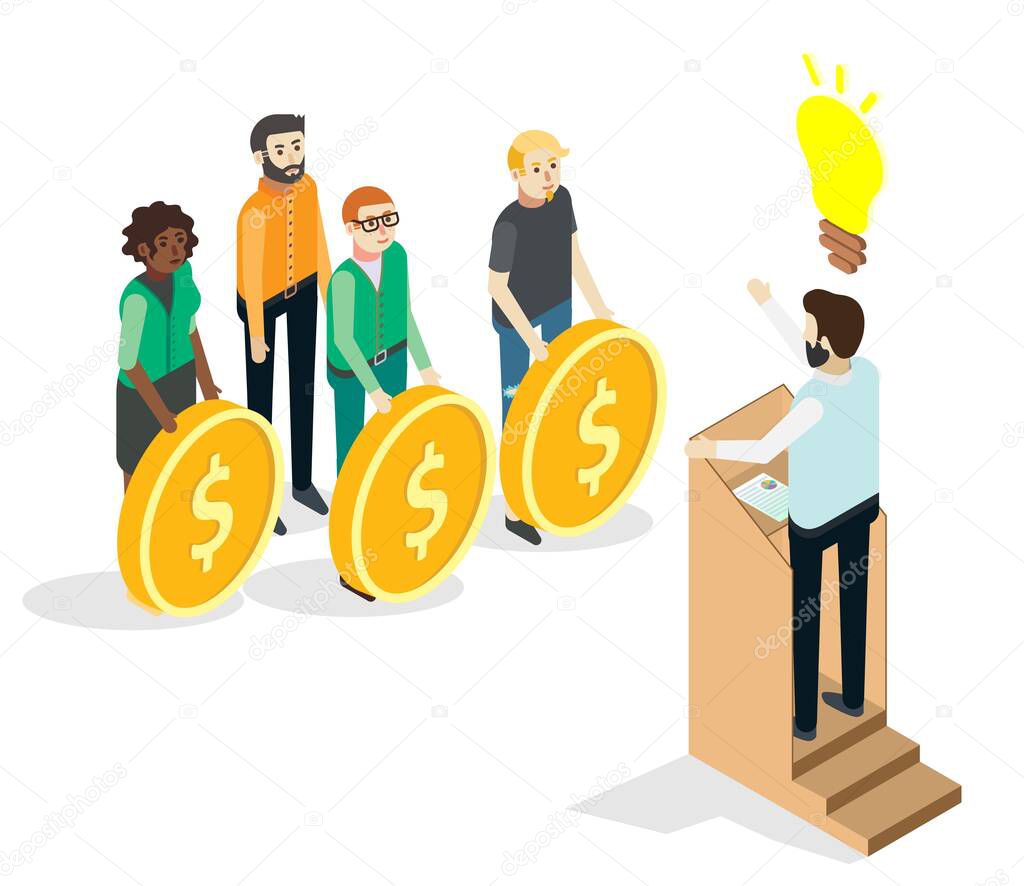 Crowdfunding presentation, financial investing in ideas or business startup, flat vector isometric illustration.