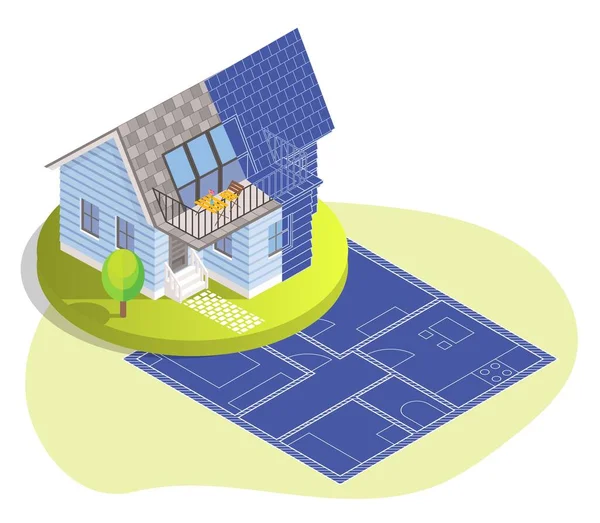 Edifício da casa sobre planta, ilustração isométrica vetorial. Desenho do plano da casa, projeto arquitetônico, plano de construção — Vetor de Stock
