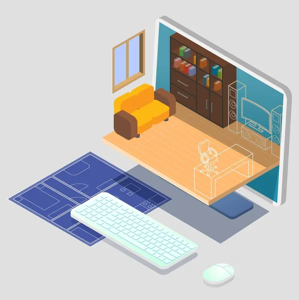 Interiér design on-line služby. Obývací pokoj nábytek 3D modely na obrazovce počítače, dům plány, vektorové ilustrace — Stockový vektor